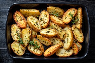 Oven-roasted herb potatoes with fresh rosemary and seasoning in baking dish