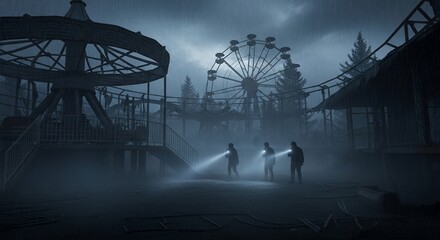 Exploring an abandoned amusement park at night in the rain