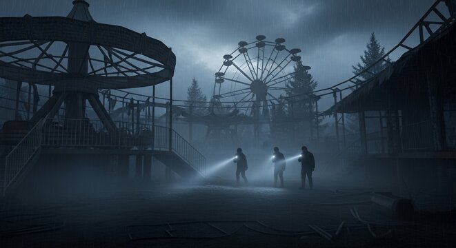 Exploring an abandoned amusement park at night in the rain