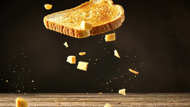 Freshly toasted bread slice floating above a wooden table with crumbs scattering in the background