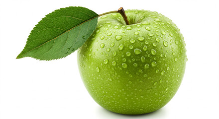 Fresh green apple with leaf and water droplets isolated on white background. Clipping path.