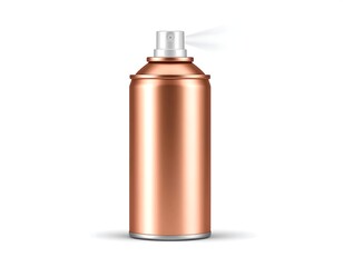 Copper Spray Can with White Nozzle Releasing Spray on White Background