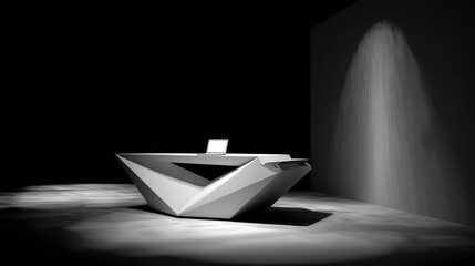 Modern, angular reception desk in a minimalist setting.