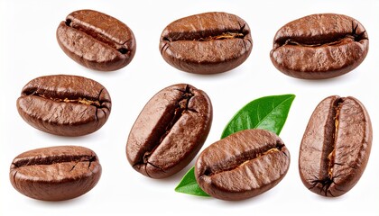 Eight coffee beans, earthy and imperfect, surround a single green leaf in quiet disarray. The contrast is intimate: dry matter versus chlorophyll, roasted history versus photosynthetic promise. It’s a