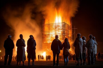 Large bonfire event with diverse group observing at night