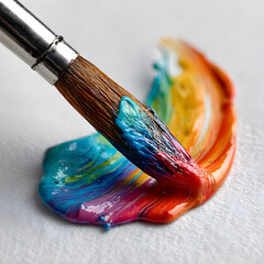 Colorful nail polish splashes with brush on crisp white surface
