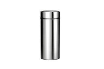 A silver container with a lid sits on a white background