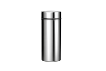 A silver container with a lid sits on a white background