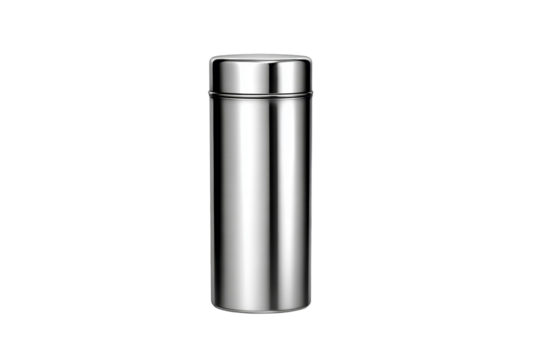 A silver container with a lid sits on a white background