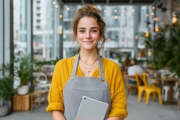 Smiling young caucasian female barista holding tablet in modern cafe