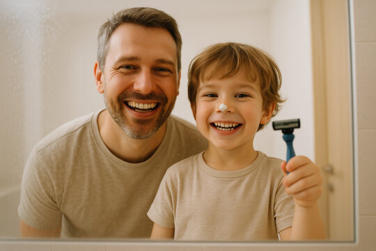 Smiling father and son bonding in bathroom, teaching child to shave, cheerful family morning routine, sharing happy moments