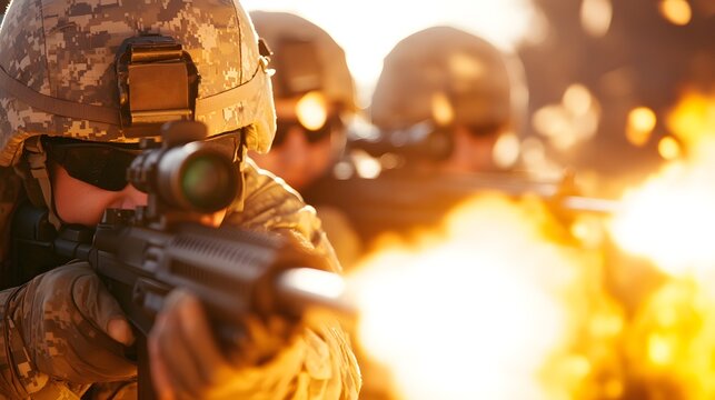 Soldiers in camouflage gear firing weapons with muzzle flashes in outdoor setting.