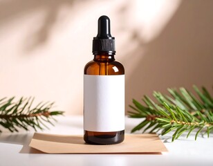 Amber Bottle with Dropper and Blank Label, Pine Sprigs, Natural Light