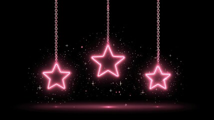 Pink neon stars hanging on chains against a black backdrop.