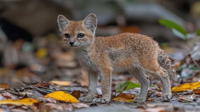 Adorable Rusty-spotted Cat Kitten in Autumnal Forest