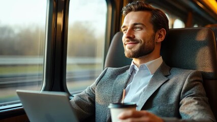 Smiling businessman with laptop, coffee traveling by train looking out the window, enjoying the journey, thinking about future success. Business travel. - Powered by Adobe