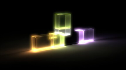 Neon glowing cubes in various colors against a dark background.