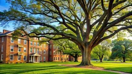 Obraz premium Old oak tree on campus with dormitory buildings in background