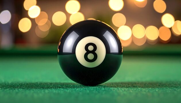 Eight ball on a pool table. Bokeh lights blur the background