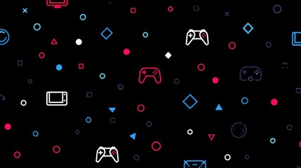 Abstract pattern of gaming icons on a dark background.