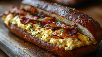 Bacon and Scrambled Egg Sandwich on Wooden Surface