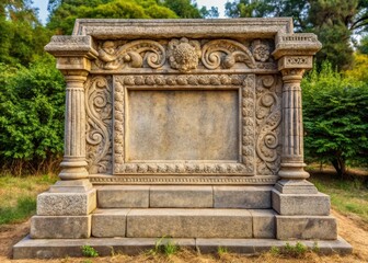 Ancient granite monument with intricate carvings and erosion details