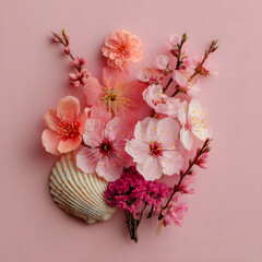 Delicate coral and pink blossoms arranged flatlay style on soft pink background, spring floral aesthetic
