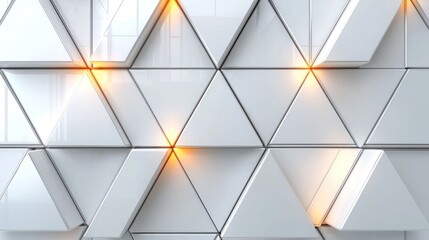 Abstract White Triangular Geometric Pattern with Orange Glowing Highlights: Modern Architectural Design Texture