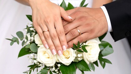 Close-up of wedding rings on hands with bouquet