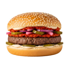 Delicious sesame seed bun burger with tomato sauce pickles and onions.