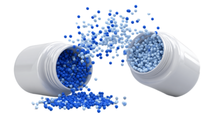 Blue Granules Spilling from White Bottles on Transparent Background, PNG