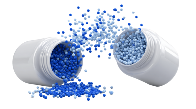 Blue Granules Spilling from White Bottles on Transparent Background, PNG