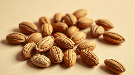 Obraz premium Ai generated image of a small pile of almonds sits on a beige surface in a studio shot