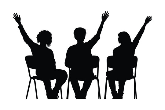 silhouette of students raising hands in class, school engagement and participation concept