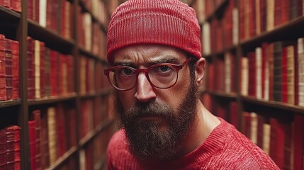 Intense Gaze in a Red Library