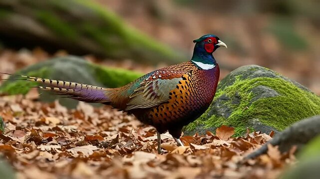 Colorful pheasant amidst autumn leaves