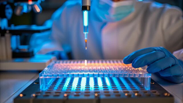 Immunotherapy cancer research scientist laboratory using pipette and microplate for innovative medical experiment and treatment