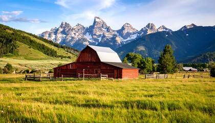 Obraz premium Red barn in a valley with mountains