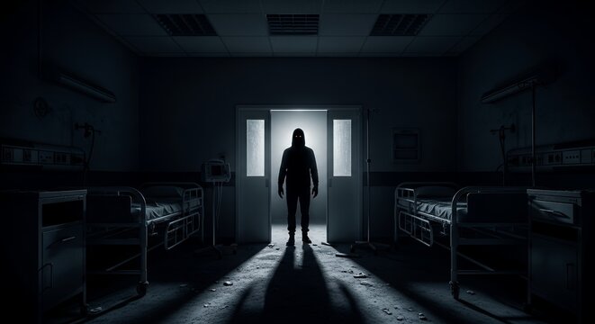 Mysterious Figure in Dark Room with Hospital Beds - Powered by Adobe