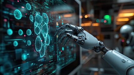 AI-powered medical robot analyzing digital cells on a transparent touchscreen in a lab