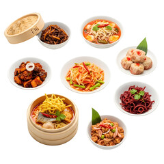Assorted Asian Dishes in Bowls and Steamer Baskets.