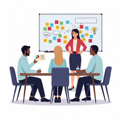 Business Workshop Concept. Vector illustration of a three of diverse people sitting at a table with a woman standing in front of them next to a board with sticky note.