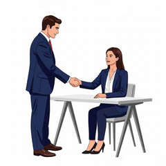 Obraz premium Business Job Interview concept. Vector illustration of a man in a suit and a woman at a desk shaking hands. Isolated on background