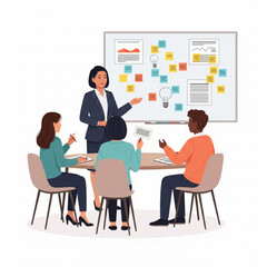 Business Workshop Concept. Vector illustration of a three of diverse people sitting at a table with a woman standing in front of them next to a board with sticky note.