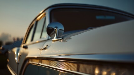 Fototapeta premium Vintage car gleaming in golden light with a shiny chrome mirror and trim