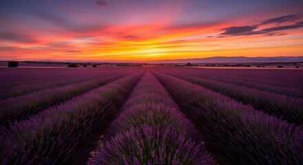 Lavender Field Sunset Orange Sky Purple Flowers Rows