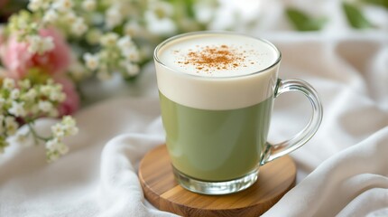 Close up of a matcha latte in a glass mug with cinnamon on top resting on a wooden coaster and cloth