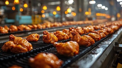Roasted Chicken on Conveyor Belt in Food Processing Plant