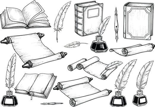 Naklejki Collection of antique writing instruments scrolls and books depicted in a classic black and white sketch style