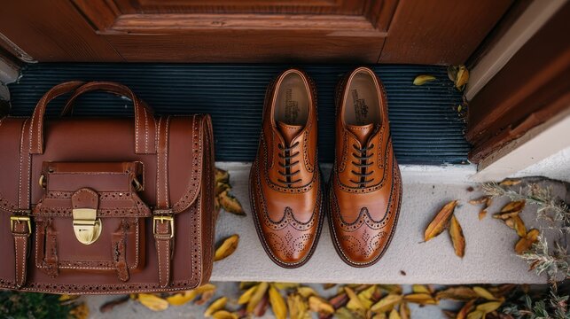 Brown leather briefcase and shoes on a doorstep. - Powered by Adobe